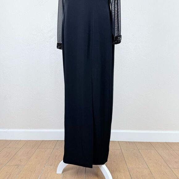 Vintage Black Tie Oleg Cassini Dress w/ Sheer Long Sleeves Beaded Detail Maxi - Picture 8 of 16